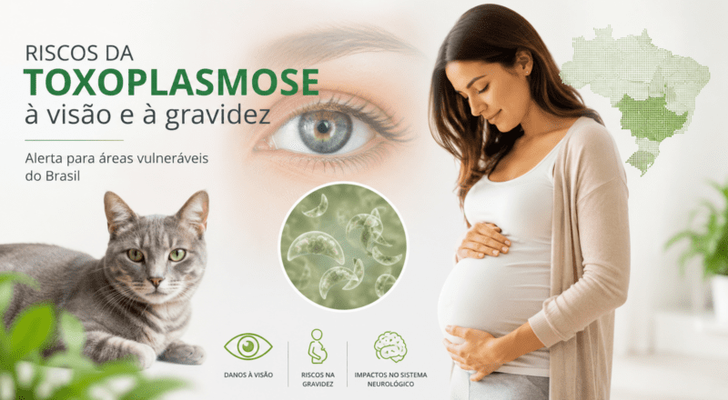Ilustração de um gato e representações dos riscos da toxoplasmose, incluindo efeitos na visão e na gravidez