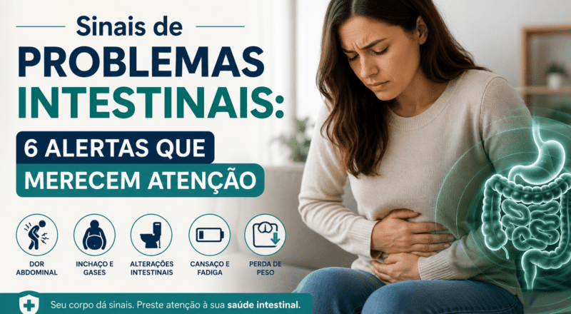 Mulher com dor abdominal ilustrando sinais de problemas intestinais como gases, inchaço, fadiga e alterações digestivas