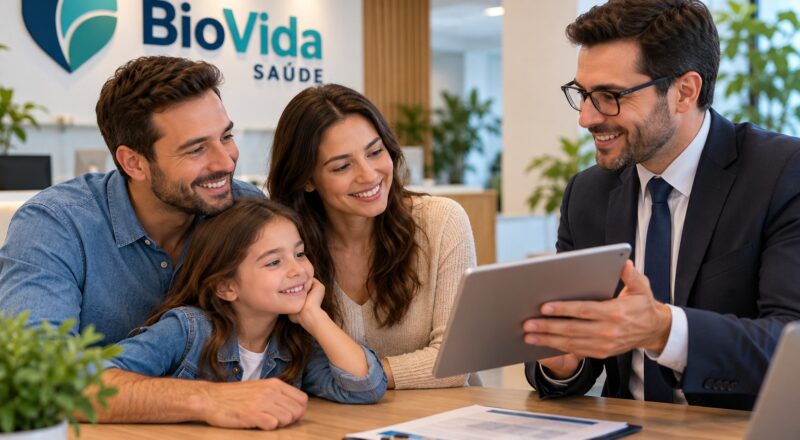 Família consulta informações sobre plano de saúde Biovida com atendente