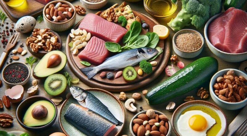 Prato saudável com alimentos típicos da dieta low carb, incluindo carnes magras, vegetais e gorduras saudáveis.